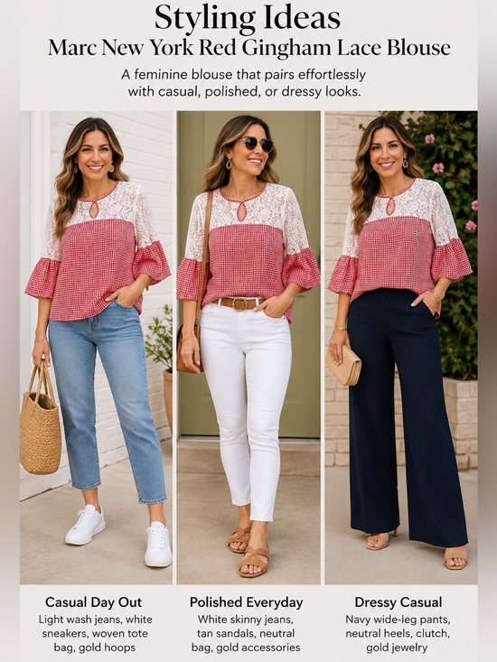 Marc New York Andrew Marc Tops - Marc New York Red White Gingham Check Lace Yoke Bell Sleeve Blouse Top L